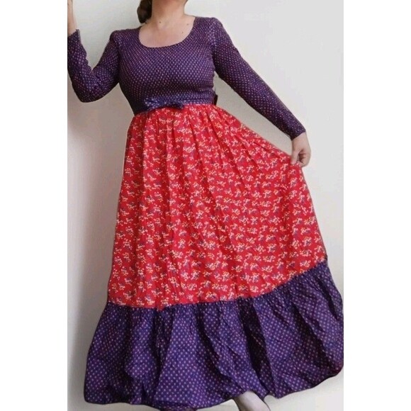 Vintage 70s Denise Are There Prairie Floral Maxi Dress Blue & Red Ruffled  M / L - Picture 1 of 16